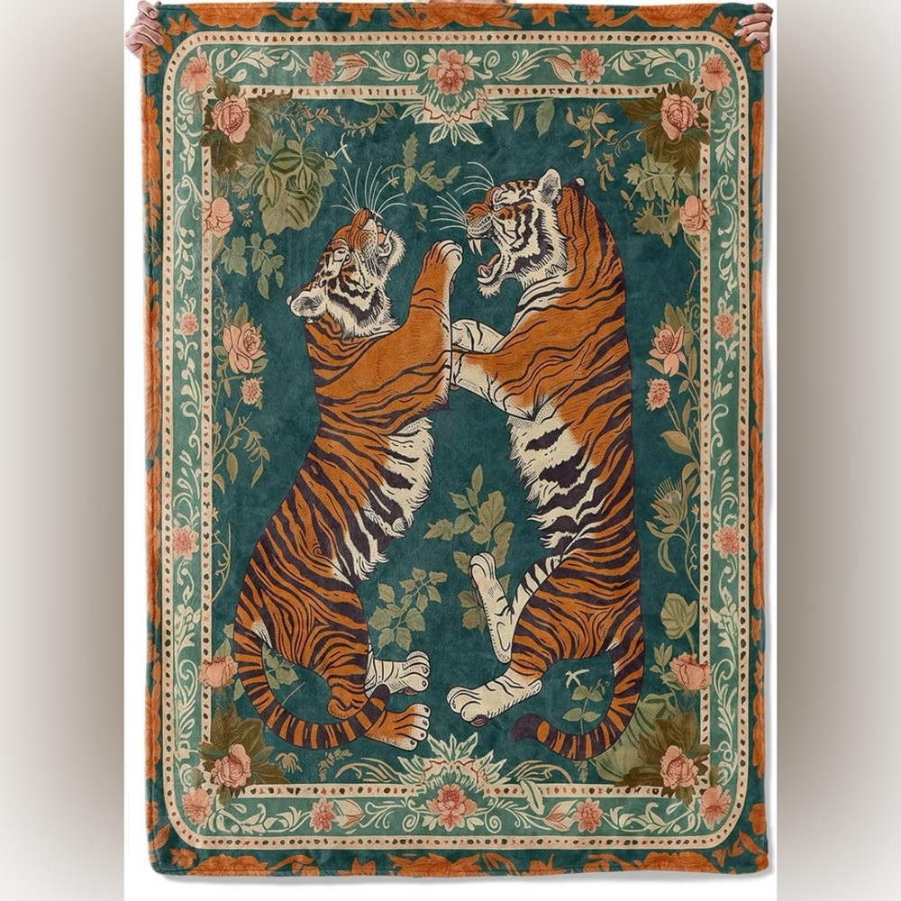 Vintage Tiger Floral Flannel Blanket
